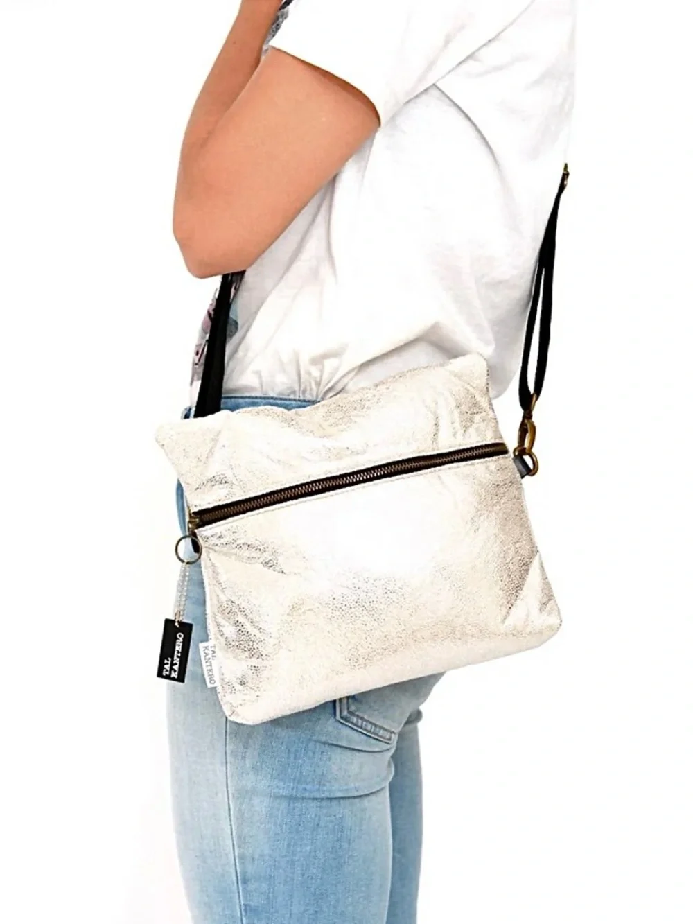 Kantero White Silver Glitter Backpack and Crossbody Bag with Black Straps NWOT - Picture 2 of 12